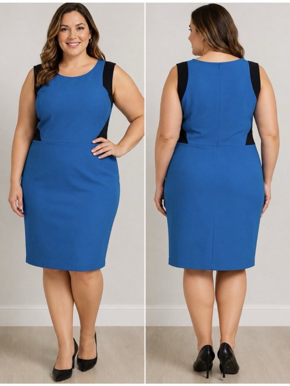 Kasper Dress 18W Turquoise Blue Black Contrast Sheath Stretch Sleeveless Career